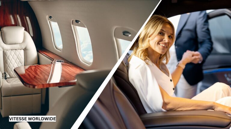 Private jet interior and woman in luxury car